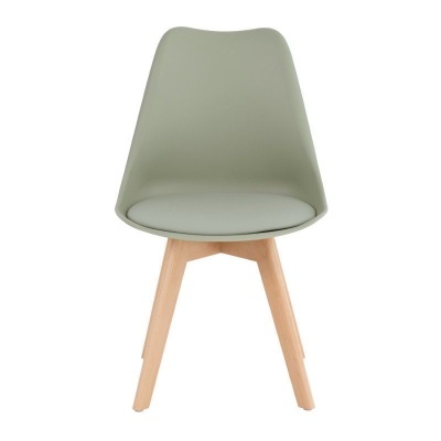 Cadeira cinza esverdeada com almofada cinza e pernas de madeira clara