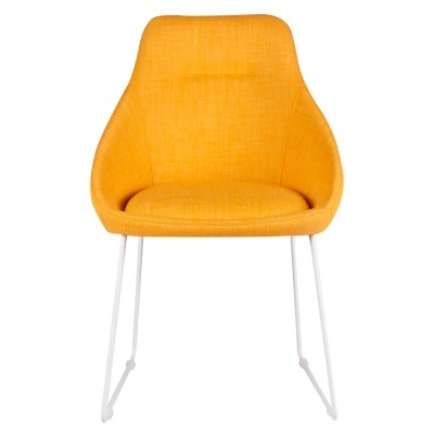 Cadeira amarela estofada com pernas metálicas brancas
