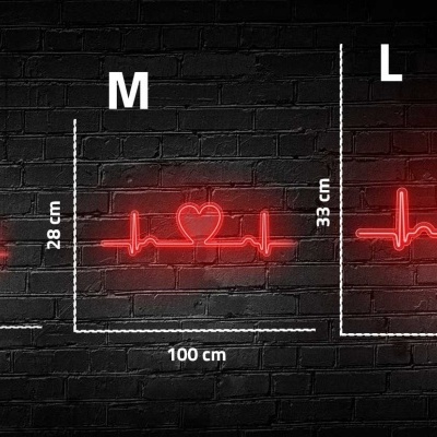 Letreiros de néon vermelhos em formato de batimento cardíaco em três tamanhos diferentes numa parede de tijolos pretos