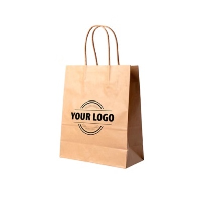 Sacola de papel castanho com alças e logo preto