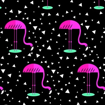 Padrão repetitivo de flamingos rosa em fundo preto com triângulos brancos