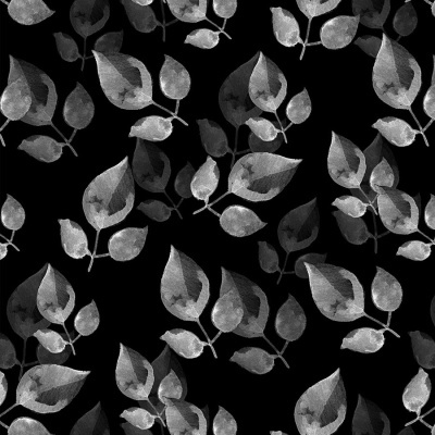 Padrão de folhas cinzentas e brancas sobre fundo preto