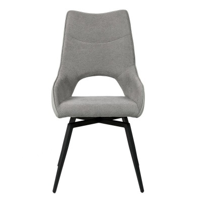 Cadeira cinzenta com pernas metálicas pretas e recorte no assento