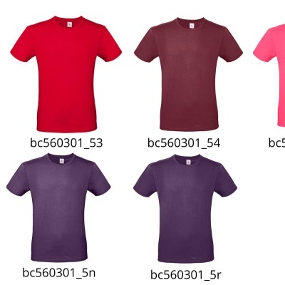 Seis t-shirts de várias cores lisas com códigos e etiquetas na gola
