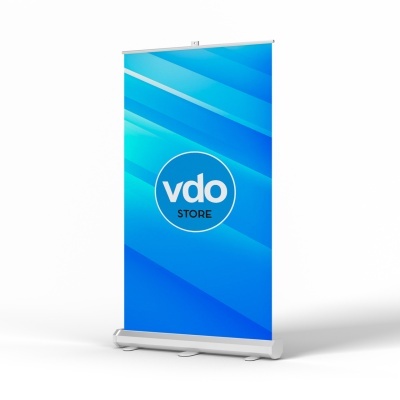 Banner roll-up azul com texto 'vdo STORE'