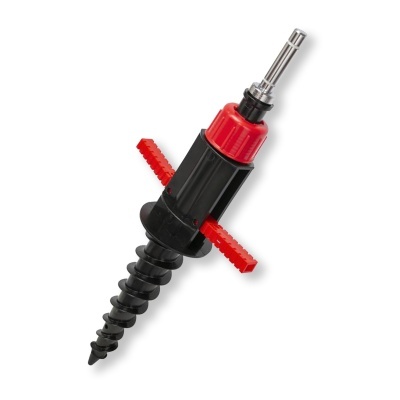 Ferramenta preta com detalhes vermelhos para parafusar em formato de âncora