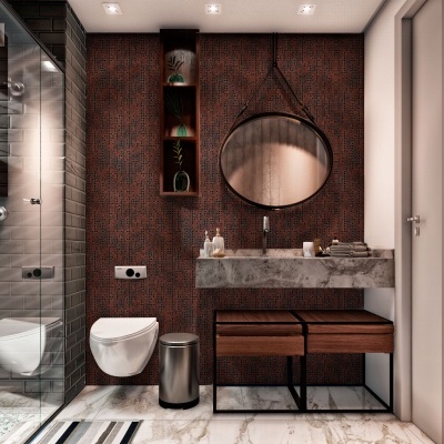 Casa de banho moderna com sanita suspensa, lavatório em mármore e espelho redondo