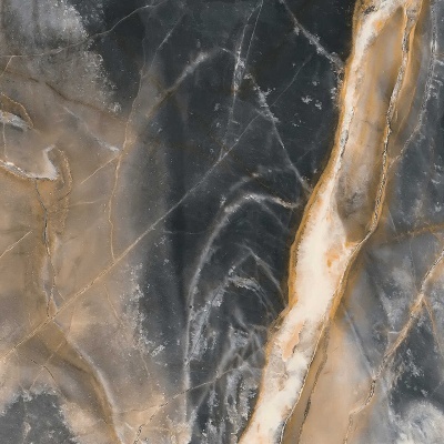 Superfície de mármore com padrão abstrato em tons cinza, branco e amarelo dourado