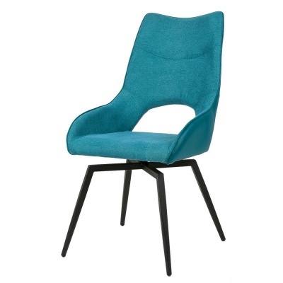 Cadeira azul turquesa estofada com pernas metálicas pretas