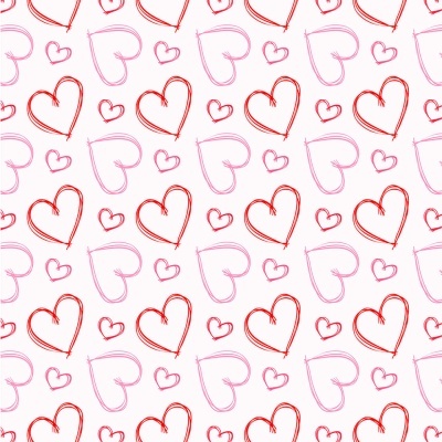 Padrão de corações vermelhos e rosas desenhados à mão sobre fundo branco