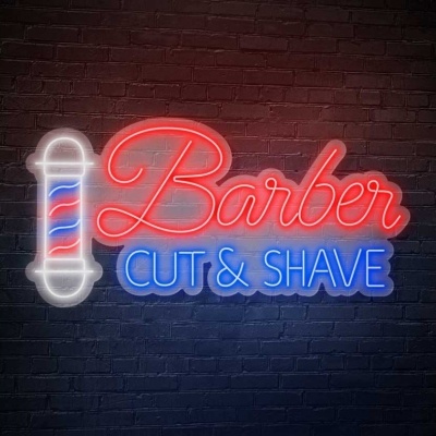 Sinal de néon com poste de barbeiro e texto 'Barber CUT & SHAVE' numa parede de tijolos pretos