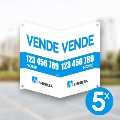 Placa de venda azul e branca com texto 'VENDE' e informações de contacto