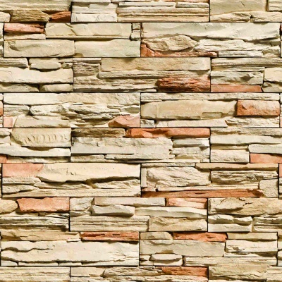 Parede decorativa de pedras artificiais bege e salmão com textura rugosa