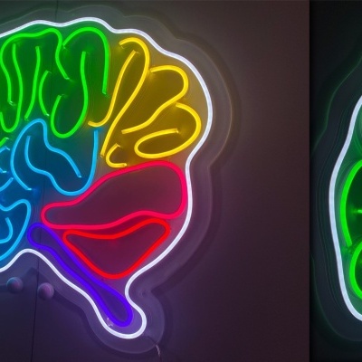 Neon colorido em forma de cérebro numa parede escura