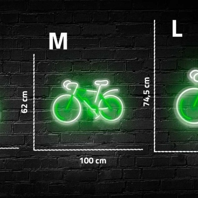 Três sinais de neon verde em forma de bicicleta contra parede preta, tamanhos S, M e L
