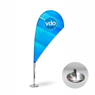 Bandeira azul em forma de gota com texto 'vdo STORE'