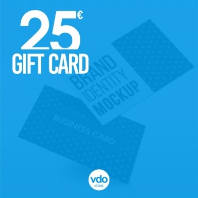 Cartão oferta digital azul com 25€ GIFT CARD e cartões de visita de mockup