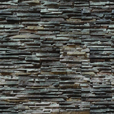 Parede decorativa em pedra natural cinza e castanho com padrão de placas empilhadas