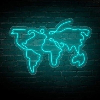 Neon azul do mapa mundi iluminado contra parede de tijolos