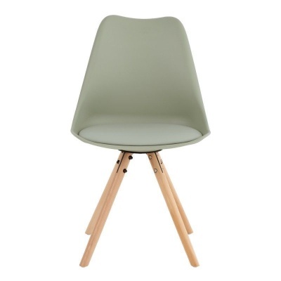 cadeira moderna com pernas de madeira clara e assento verde-acinzentado