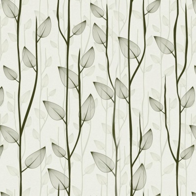 Padrão de papel de parede com ramos e folhas verdes finas em fundo cinza claro