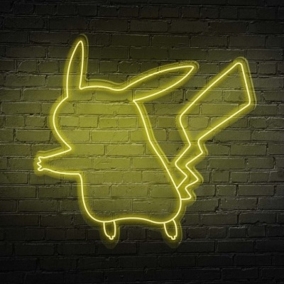 Neon amarelo com a silhueta do Pikachu numa parede de tijolos pretos