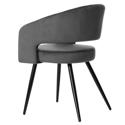 Cadeira cinzenta escura com pernas metálicas pretas e design moderno