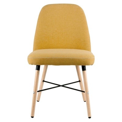 Cadeira amarela mostarda com pernas de madeira e estrutura em metal