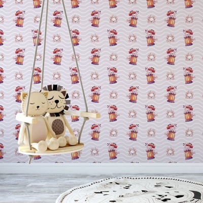 Poltrona de balanço infantil de madeira com figuras de animais junto a parede com papel decorativo e tapete redondo