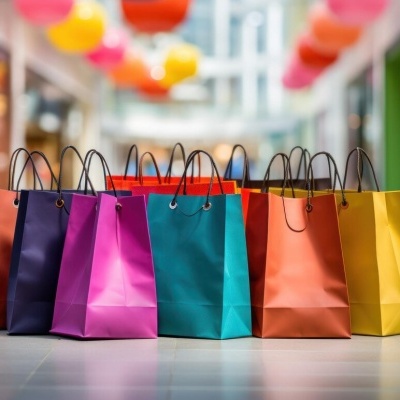 Sacolas coloridas de papel alinhadas no corredor de um centro comercial
