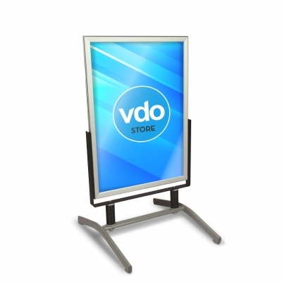 Suporte metálico com painel publicitário azul da vdo STORE
