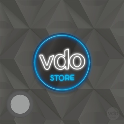 Logótipo neon vdo STORE em fundo cinzento geométrico