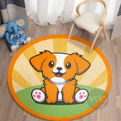 Tapete redondo com desenho de cão cartoon laranja e branco em quarto infantil