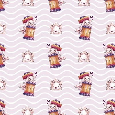 Padrão repetitivo de copos de cerveja com chantilly e rostos de coelho em fundo lilás com linhas onduladas