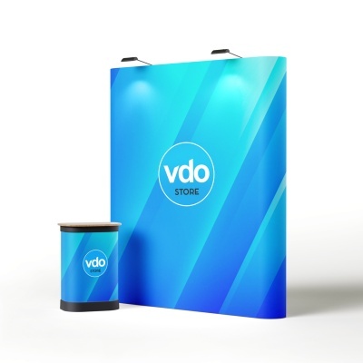 Expositor e bancada cilíndrica azuis com logótipo vdo STORE