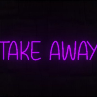 Letreiro neon rosa com texto 'TAKE AWAY' em fundo preto de tijolos.