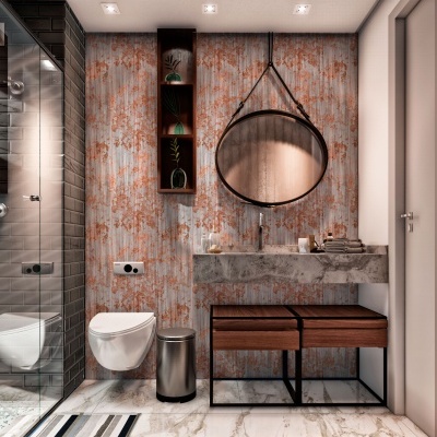 Casa de banho moderna com sanita suspensa, lavatório em pedra, espelho redondo suspenso e decoração em tons laranja e cinza