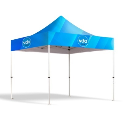 Tenda gazebo azul com estrutura metálica e logótipo VDO STORE