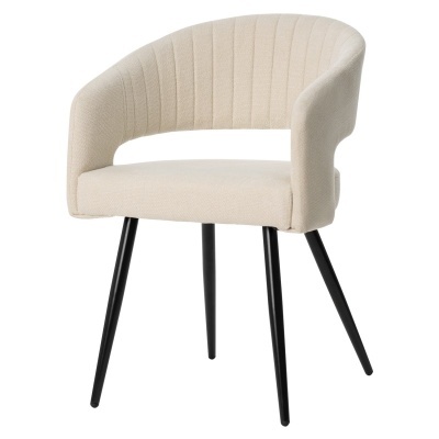 Cadeira estofada bege com pernas pretas em fundo branco