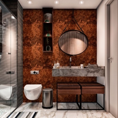 Casa de banho moderna com lavatório em mármore e parede texturizada ferrugem