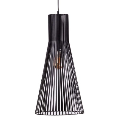 Candeeiro suspenso em metal preto com barras verticais e lâmpada visível