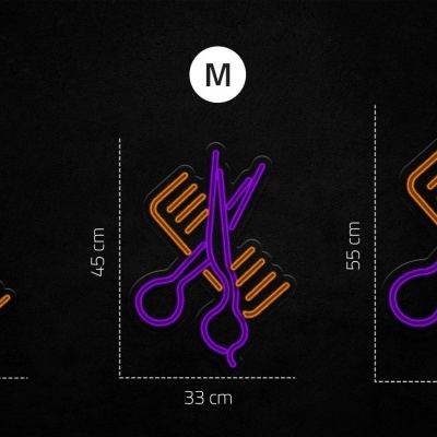 Três pictogramas de tesouras e pentes em diferentes tamanhos com medidas em fundo preto