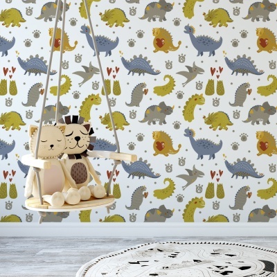 Papel de parede para crianças com dinossauros coloridos e vulcões