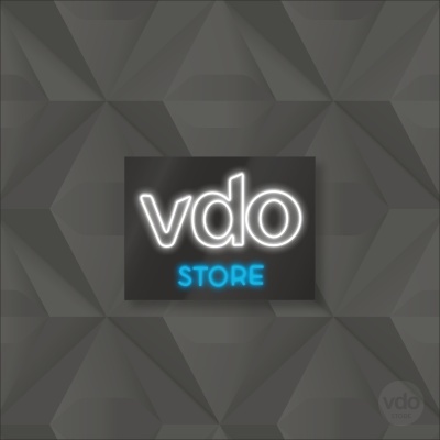 Logo da loja vdo STORE em fundo preto e padrão geométrico cinzento.
