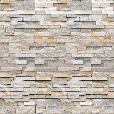 Parede decorativa de azulejos de pedra empilhada em tons cinza e bege
