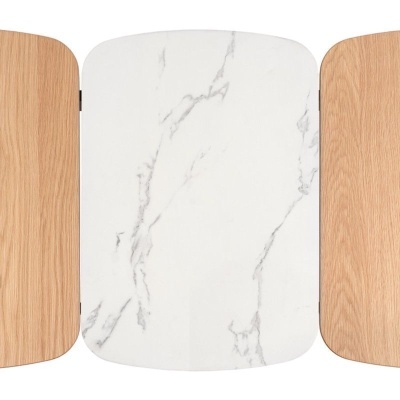 Mesa tampo mármore branco com laterais em madeira clara