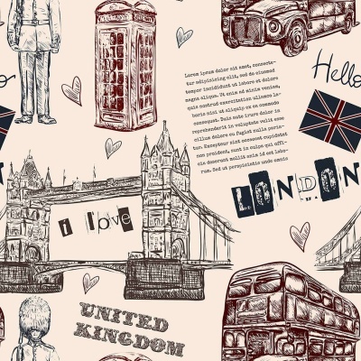 Padrão com desenhos à mão da Tower Bridge, autocarro vermelho, cabine telefónica, guarda real, bandeira do Reino Unido e texto em fundo creme.