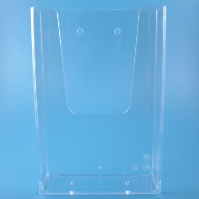 Expositor transparente em acrílico com fundo azul