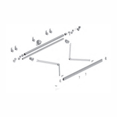 Kit de barras metálicas com suportes e parafusos sobre fundo branco