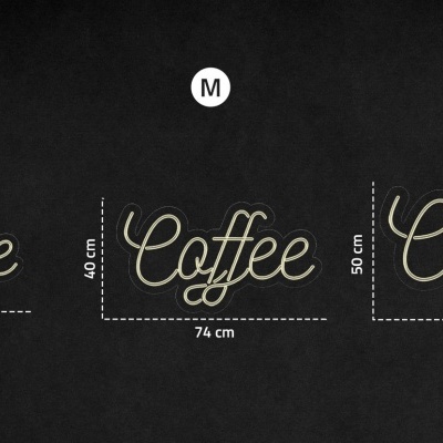 Palavra 'Coffee' em três tamanhos diferentes com dimensões indicadas, fundo preto.